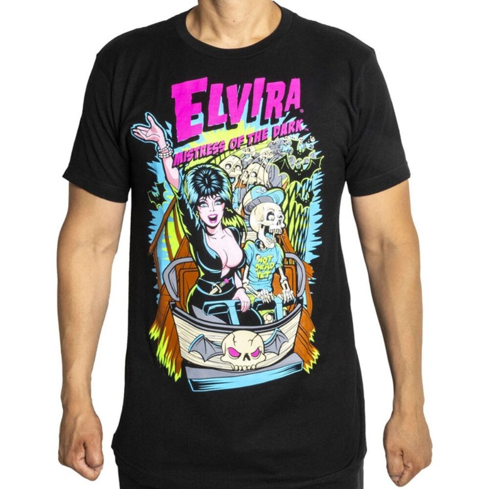 Elvira Ghostcoaster Colorful Carnival Ride Black Tee S-M-L-XL-2XL-3XL NWT